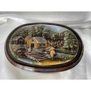 Vtg Ceramic Hand Painted Wilderness Frontier Themed Oval Shaped Trinket Box Date